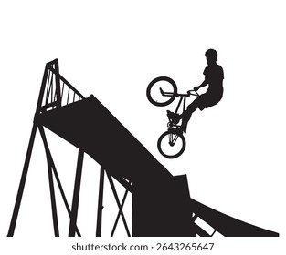 BMX Rider Executando Truque na Silhueta de Rampa Isolado no Branco