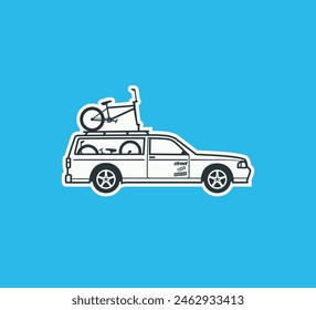 BMX road trip logo, sticker, banner, tee design. BMX bikes on car roof rack vector illustration