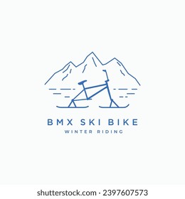 BMX ski bike in nature logo. Ski biking icon. Winter extreme sport logo design concept