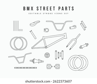 BMX street parts components icons set. Editable stroke bicycle part symbol icon vector illustration