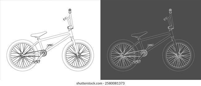 BMX Technical Line Drawing Side View Blueprint of Bicycle Components isolated on transparent background vector