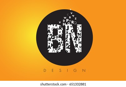 BN B N Logo Design Made of Small Letters with Black Circle and Yellow Background.