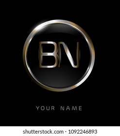 BN initial letters with circle elegant logo golden silver black background