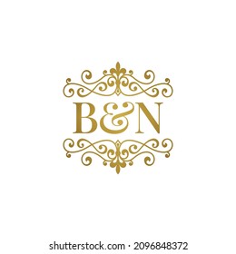 BN initials logo ornament gold. Letter BN wedding ampersand or business partner symbol