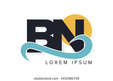 BN letter logo with ocean waves and sunset. Beach concept design
