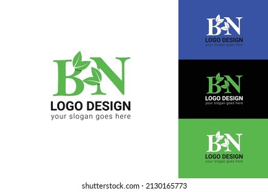 BN letters eco logo with leaf. Vector typeface for nature posters, eco friendly emblem, vegan identity, herbal and botanical cards etc. Ecology BN letters logo with green leaf.