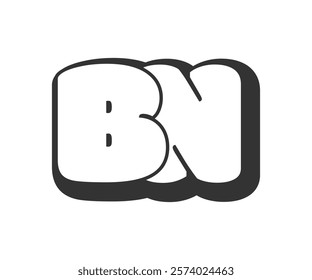 BN logo, bubble comic lettering, rounded in graffiti style black and white silhouette. Trendy preschool B and N letter text for festival party, personal initials, children funky print and web. 