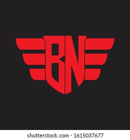BN Logo monogram with emblem and wings element design template on red colors