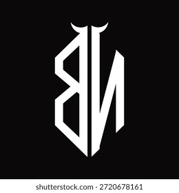 Monograma do logotipo BN com forma de chifre isolado modelo de design preto e branco sobre fundo preto