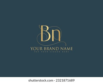 BN luxury elegant initial typographic monogram icon with letter b and letter n. Alphabet initials isolated on dark background. Signature type luxury elegant sign characters and decorative swirl.
