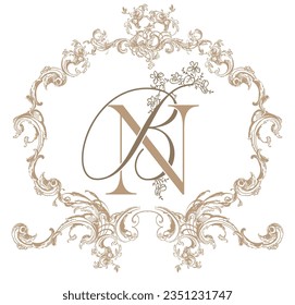 BN, NB initial, antique vintage wedding crest monogram vector illustration