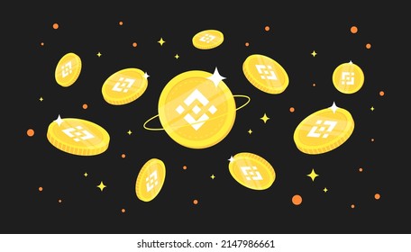 BNB coins flying on dark background. BNB cryptocurrency concept banner.