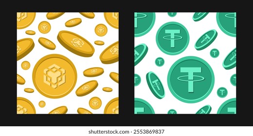 BNB and Tether cryptocurrency coins patterns set. Vector digital money in virtual blockchain technology inspired concept. For crypto decor, prints, social media banners.