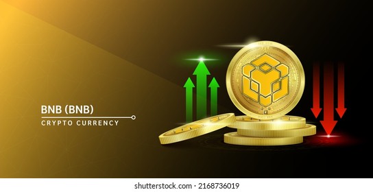 BNB token cryptocurrency banner. Future currency on blockchain stock market with red-green arrows up and down. Gold coins crypto currencies. Banner for news on a solid background. 3D Vector.