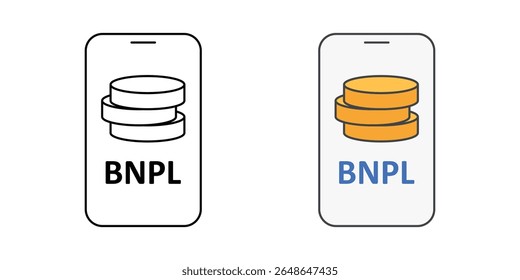 Ícone de aplicativo BNPL com símbolo de celular e moedas, perfeito para finanças digitais, plataformas de comércio eletrônico e compre agora pague aplicativos posteriores.