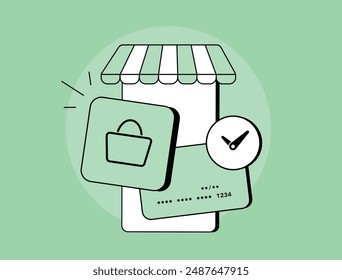 BNPL - Buy Now Pay Later e-commerce marketing strategy concept. Flexible payment option at checkout, credit without bank card, deferred payment, online shopping isolated vector illustration