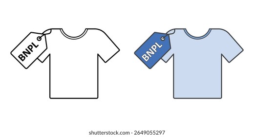 BNPL para o ícone de roupas com t-shirt e tag BNPL, ideal para compras de moda, finanças digitais, e comprar agora pagar plataformas posteriores.