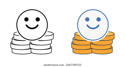 BNPL customer satisfaction icon with smiley face and coins, ideal for finance, payment experience, and positive service illustrations.