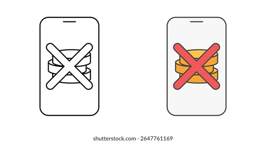 BNPL declined application icon with cross mark over mobile and coins, perfect for payment rejection, finance, and digital services illustrations.