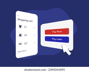 BNPL E-commerce strategy with flexible payment. Buy Now Pay Later Business Payment Method. Credit option without bank card at m-commerce checkout. Vector illustration isolated on blue background