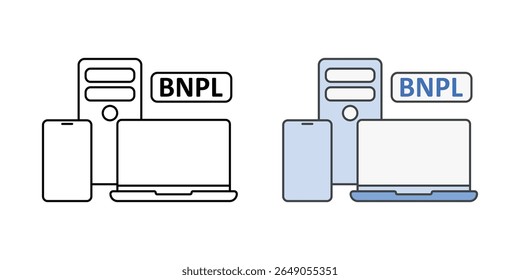 BNPL para ícone de eletrônica com laptop, smartphone, PC e crachá BNPL, ideal para compras de tecnologia, finanças digitais e comprar agora pague plataformas posteriores.