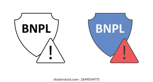Ícone de detecção de fraude BNPL com escudo e ponto de exclamação, ideal para segurança de pagamento, proteção financeira e compre agora pague ilustrações de prevenção de riscos posteriores.