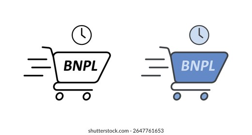 BNPL instant purchase icon with cart and clock symbol, ideal for finance, e-commerce and payment illustrations.