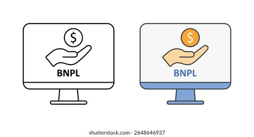 BNPL no ícone de check-out da área de trabalho com monitor e crachá de pagamento, ideal para compras on-line, e-commerce e comprar agora pague plataformas posteriores.
