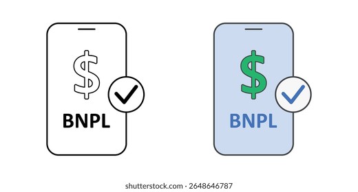 Sucesso do pagamento BNPL no ícone móvel com smartphone, símbolo de dólar e marca de verificação, perfeito para finanças, pagamentos digitais, e compre agora pagar ilustrações de confirmação posteriores.