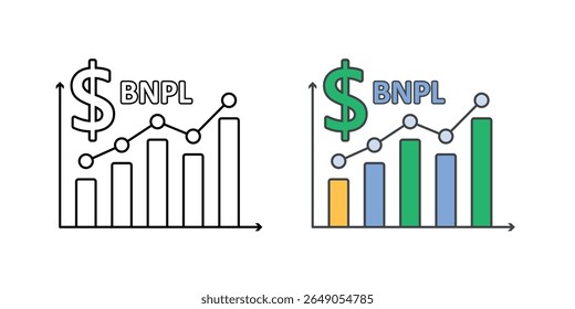 Ícone de estatísticas BNPL com gráfico de barras e cifrão, ideal para relatórios financeiros, análise de pagamento e ilustrações de dados de pagamento de compra agora.