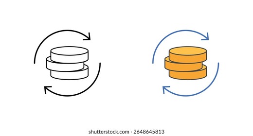 Ícone do plano de assinatura do BNPL com setas e moedas repetidas, ideal para finanças, pagamentos recorrentes e ilustrações do serviço Compre agora e pague mais tarde.