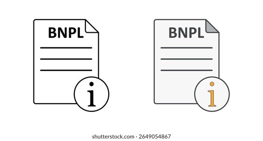 Ícone de termos e condições BNPL com documento e símbolo de informações, perfeito para detalhes de pagamento, informações do usuário e ilustrações de diretrizes de pagamento de compra agora.
