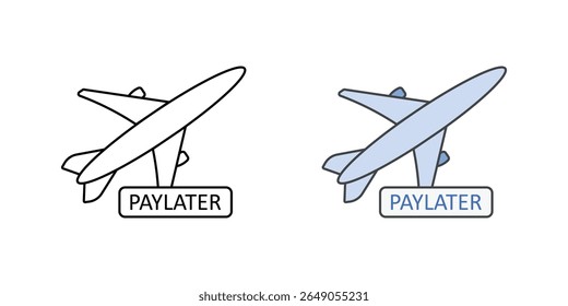 BNPL para o ícone de viagem com avião e pague o crachá mais tarde, perfeito para o financiamento de viagem, reservas digitais, e compre agora pague os serviços de viagem mais tarde.