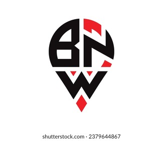 BNW letter location shape logo design. BNW letter location logo simple design.