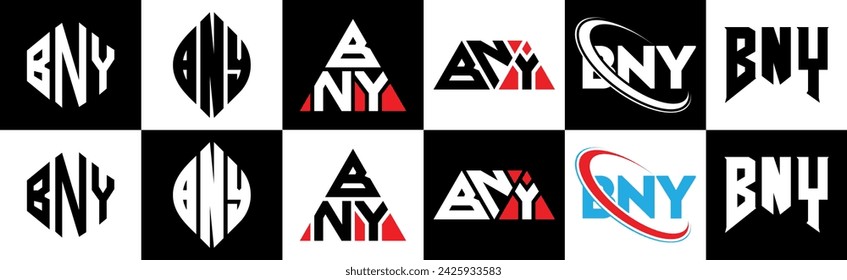 BNY letter logo design in six style. BNY polygon, circle, triangle, hexagon, flat and simple style with black and white color variation letter logo set in one artboard. BNY minimalist and classic logo