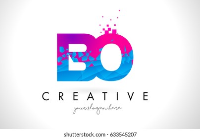 BO B O Letter Logo with Broken Shattered Blue Pink Triangles Texture Design Vector Illustration.