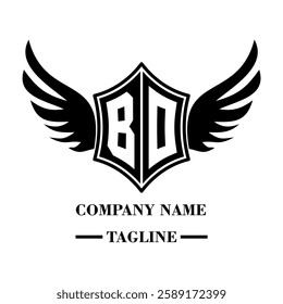 BO A bold winged shield emblem with customizable initials A-Z. Sleek black-and-white vector, perfect for branding, sports teams, motorcycle clubs, gaming,apparel and High-quality
