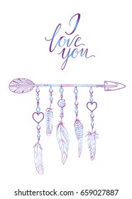 Bo ho elements. Vector illustration with feathers, arrow and chains. Ornamental bird feathers isolated. I love you lettering