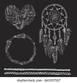 Bo ho elements. Vector illustration with Dream catcher, feathers, arrow, hearts and ribbon. Ornamental feathers isolated on black. Astrology, spirituality, magic symbols. Ethnic tribal element.