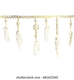 Bo ho elements. Vector illustration with feathers, chain and jewels in a gold contour . Ornamental bird feathers isolated on white.