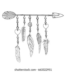 Bo ho romantic arrow. Vector illustration with feathers, arrow and chains. Ornamental bird feathers isolated on white. Black and white