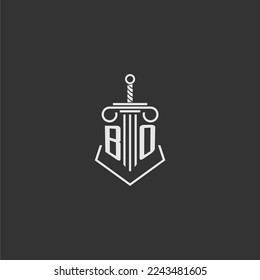 Bufete de abogados de monograma inicial de BO con diseño de logotipo de espada y pilar