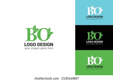 BO letters eco logo with leaf. Vector typeface for nature posters, eco friendly emblem, vegan identity, herbal and botanical cards etc. Ecology BO letters logo with green leaf.