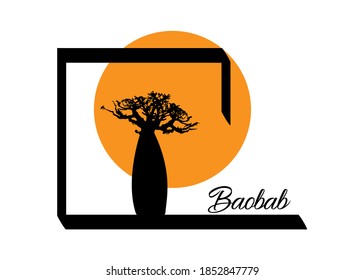 Boab or Baobab Tree Vector isolated, Andasonia tree silhouette logo icon and sunset Safari concept, Baobabs silhouette sign in white background