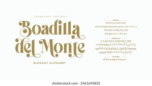 Boadilla del Monte: Classic Typography Minimal Fashion Designs. Typeface modern serif fonts and numbers. Elegant stylish alphabet letters font, ligatures, and number.	