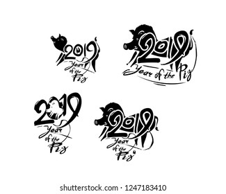 Boar 2019. Pig 2019. Set of four handwritten templates with the inscription and pig. Black vector template isolated on white. Imitation of painting with brush and ink. New Year on the Chinese calendar