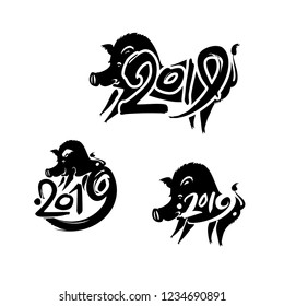 Boar 2019. Pig 2019. Set of three handwritten templates with the inscription and pig. Black vector template isolated on white. Imitation of painting with brush and ink. New Year on the Chinese calenda