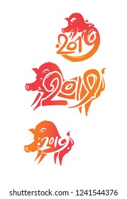 Boar 2019. Pig 2019. Set of three handwritten templates with the 2019 and pig. Vector template isolated on white. Imitation of painting with brush and ink. New Year on the Chinese calendar.
