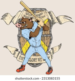 Boar baseball player holding a baseball bat on a woody shield emblem. Growling boar mascot of a baseball team. Sport illustration concept.