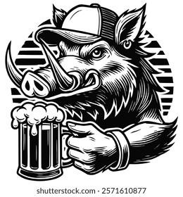 Boar with beer in hat